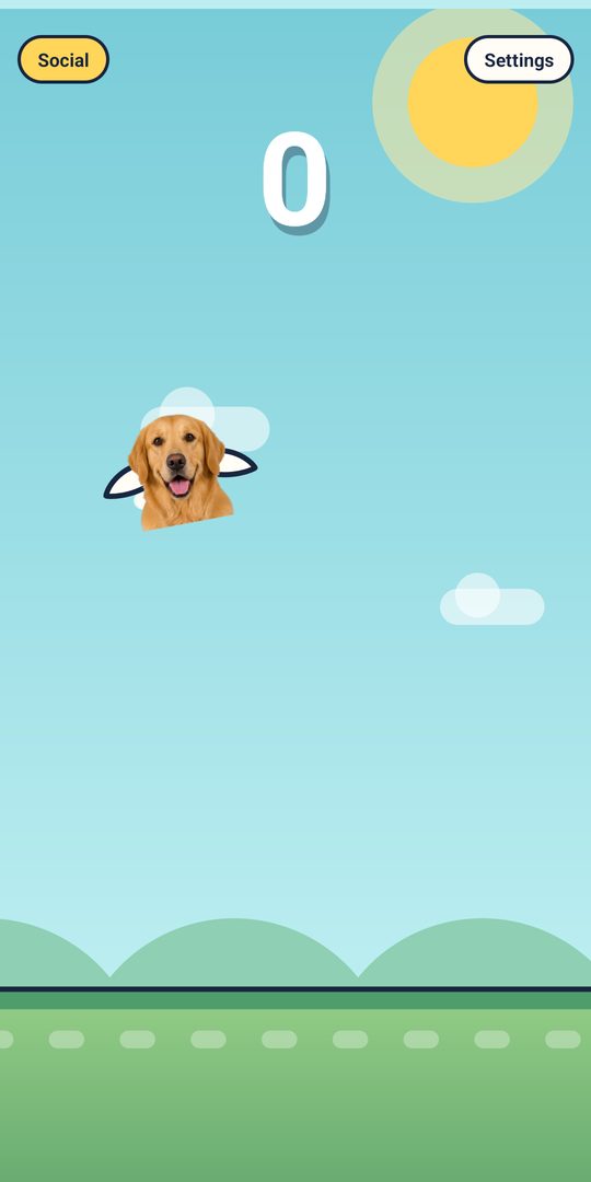 A flight in progress: the dog glides through the sky with the current score counting up above it.