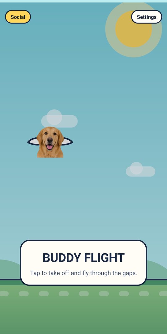 The Ready screen: a golden retriever cut out of a photo hovers above a green field under a blue sky, above the Buddy Flight title card.