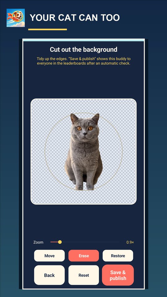 The cutout editor with a grey cat photo and its background removed, with Move, Erase and Restore tools, captioned Your cat can too.