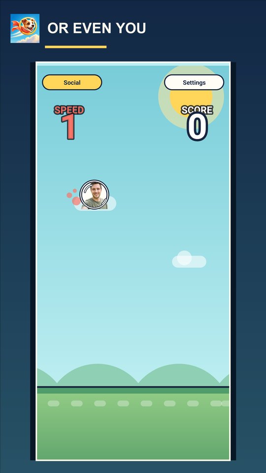 A cutout of a synthetic, fictional face flies past green pillars as the buddy, captioned Or even you.