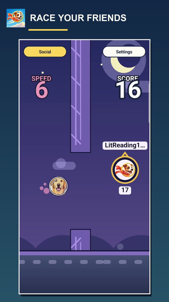 A night flight between purple pillars with a friend's best run flying right beside you, marked with their name and score, captioned Race your friends.