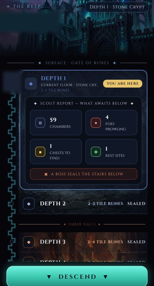 The Keep, showing Depth 1 of the Stone Crypt with a scout report counting fifty-nine chambers, four foes prowling, one chest and one rest site, a warning that a boss seals the stairs below, and sealed depths beneath.