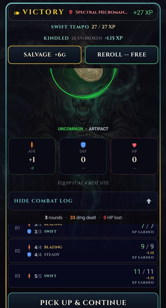A victory screen over a Spectral Necromancer showing experience earned, an uncommon artifact drop with its stat modifiers, the note to equip it at a rest site, and a round-by-round combat log.