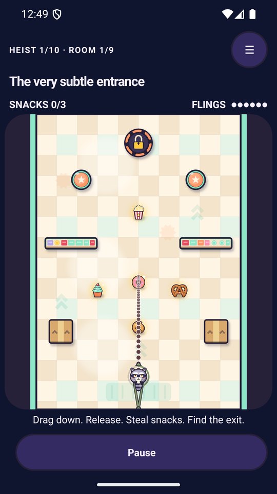 Heist 1, room 1: Crumb lines up a fling on a checkered shop floor, the aim preview traced across shelves and snacks.