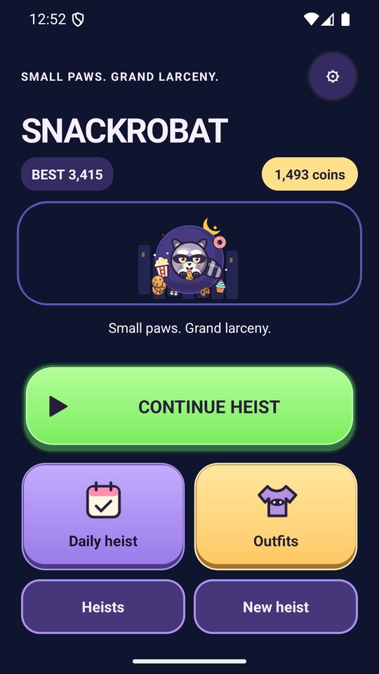 The Snackrobat home screen with the best score, the coin wallet, Continue heist and the Daily heist and Outfits buttons.