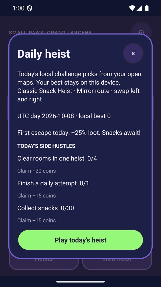 The Daily heist card with today's side hustles and a Play today's heist button.