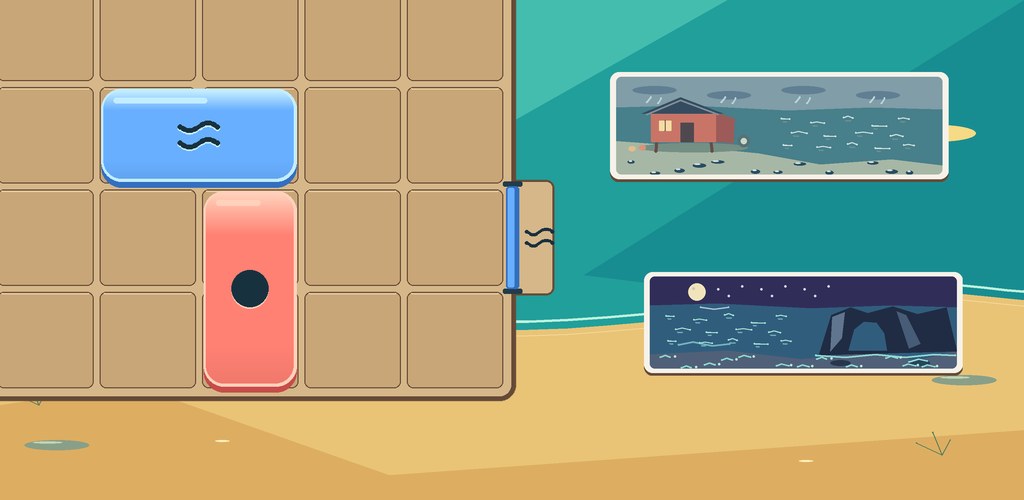 A coral stone and a blue stone on a sandy puzzle board beside a tide gate and two shore postcards.