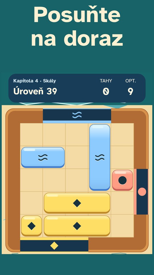 Kapitola 4, Skály, úroveň 39: modré, žluté a korálové kameny na písečné ploše, s titulkem Posuňte na doraz.