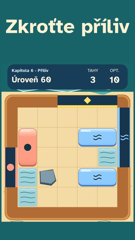 Kapitola 6, Příliv, úroveň 60: kameny vedle přílivové vody a skály na herní ploše, s titulkem Zkroťte příliv.