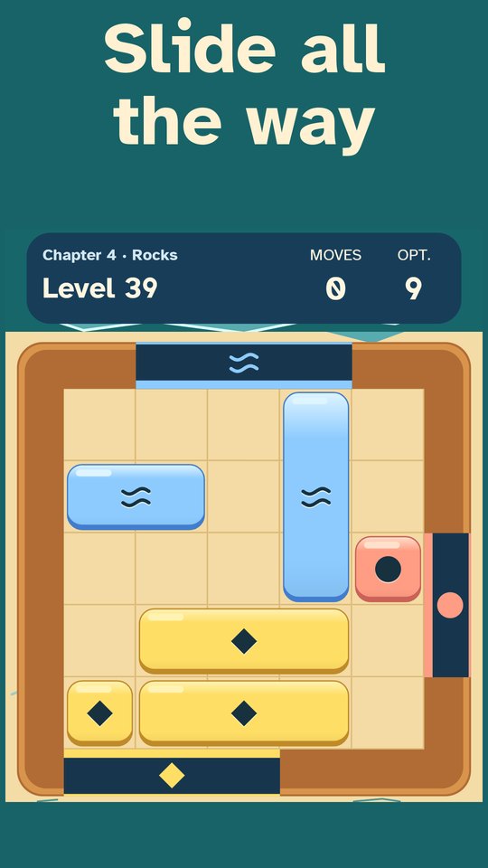 Chapter 4, Rocks, level 39: blue, yellow and coral stones on a sandy board, captioned Slide all the way.